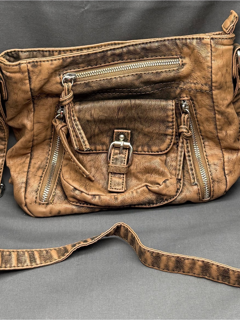 Everyday Tan Distressed Crossbody Bag with Front Buckle Pocket